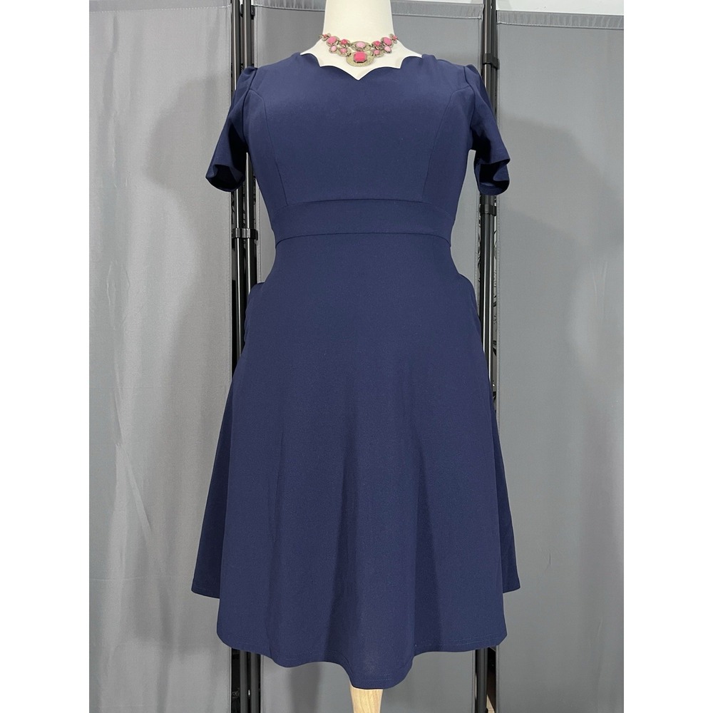 Elegant Vintage 50s Style Scallop Trim V-Neck Casual Work Dress Sz L Pockets #J